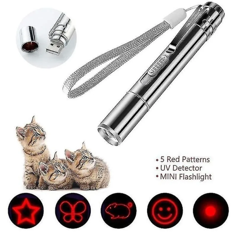 Brinquedos para gatos 5 padrões usb carga direta mini lanterna recarregável padrão laser luz roxa engraçado gato vara