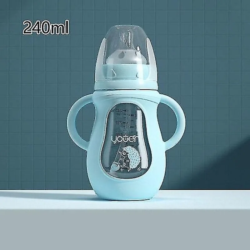 Mamadeiras de bebê mamadeira de vidro recém-nascido garrafa de água de palha de silicone conjunto de alimentador de bebê garrafas copo bico de pato azul