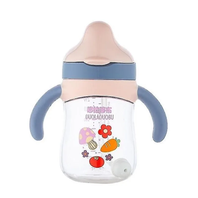 Mamadeiras de bebê copo com canudinho bebendo palha de aprendizagem garrafa de água impressão alça anti-sufocada e estilingue gravidade rosa