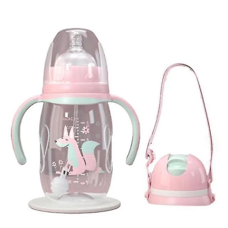 Mamadeiras de bebê 240ml infantil à prova de queda garrafa de leite de grande calibre para bebês com alça de palha garrafas rosa