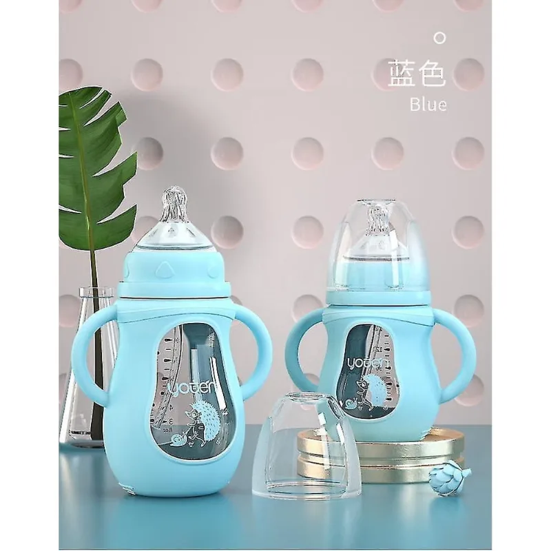 Mamadeiras de bebê 240ml garrafa de bebê de vidro fofo palha de silicone garrafas de bebida de água mamadeira garrafas de bebê azul