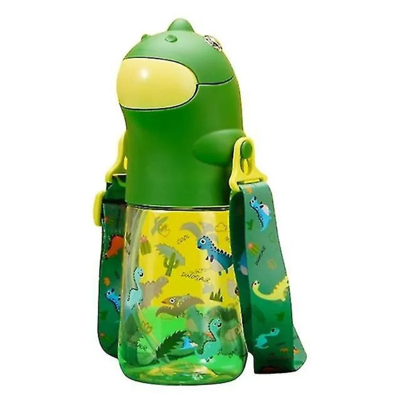 Mamadeiras 560ml garrafa de água infantil em forma de dinossauro com alça de ombro de palha de silicone à prova de vazamento flip green