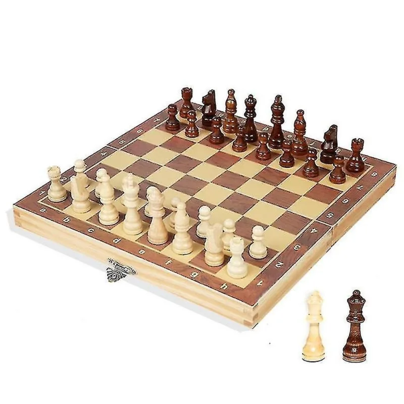 Jogo de tabuleiro xadrez de madeira magnético dobrável com armazenamento interno e 34 peças