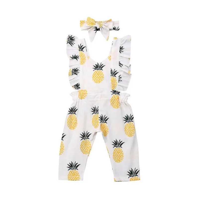 Roupas de bebê para bebês recém-nascidos roupas de bebê sem mangas babados com estampa de abacaxi macacão faixa de cabeça