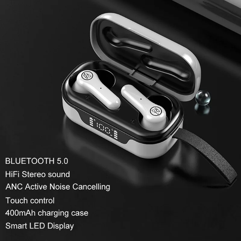 Fones de ouvido sem fio com cancelamento de ruído ativo Fones de ouvido Bluetooth 5.0 Microfone embutido