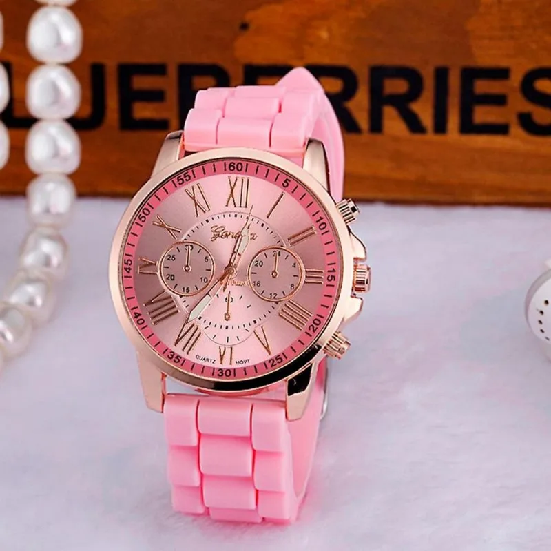 Geneva Roman Numerals Silicone Jelly Gel Quartz Relógio de pulso analógico rosa