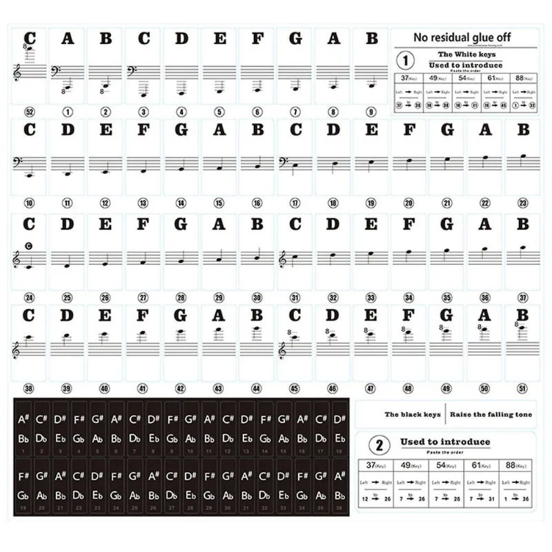 88/61/54/49/37 teclas adesivos transparentes para teclado de piano infantil