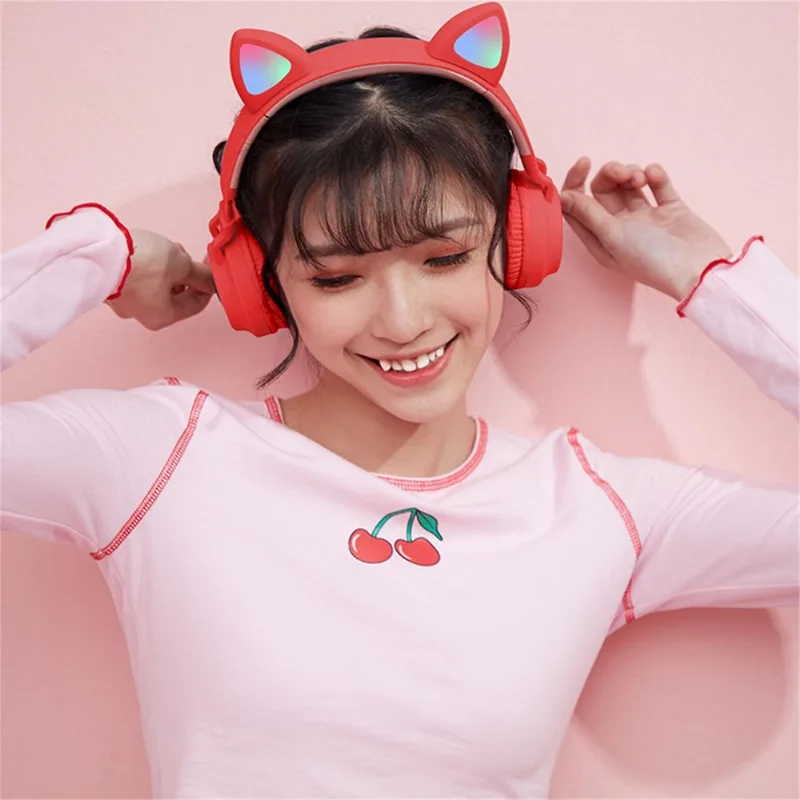 Bluetooth 5.0 fone de ouvido sem fio da orelha do coelho do gato conduzido com fone de ouvido do microfone para