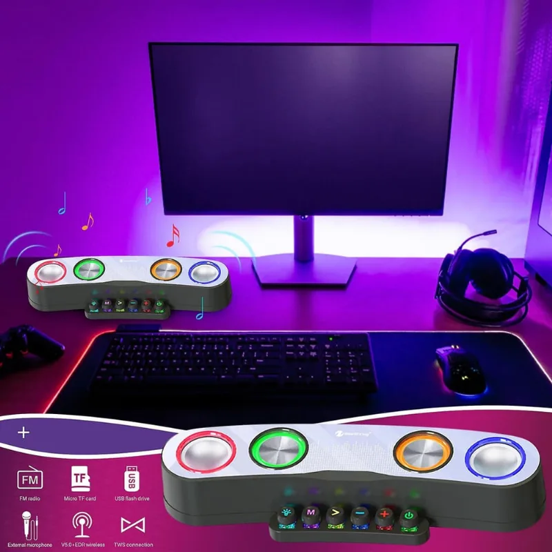 Alto-falante Bluetooth de mesa sem fio com luz led colorida Alto-falante portátil de áudio do computador Cool Subwoofer Amplificador de som Suporte Tf Card Radio