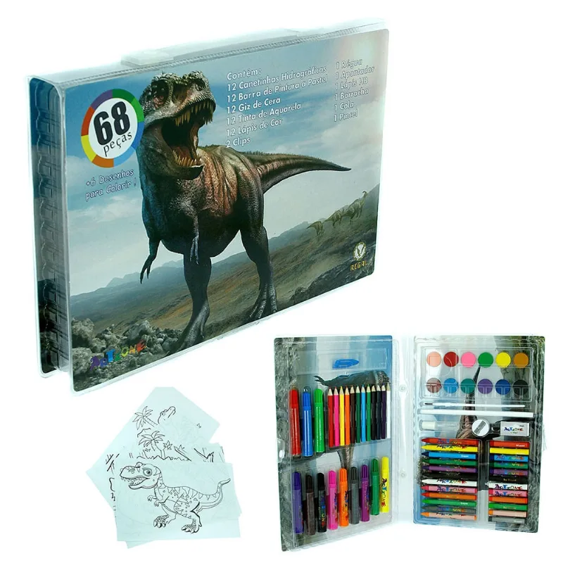 Kit Infantil Estojo de Colorir Ferramenta de Desenho Dinossauro Para Crianças Com 68 Peças