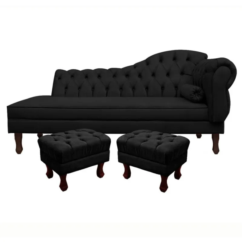 Divã Recamier Namoradeira Larissa 160cm com Capitonê - Esquerda + 02 Puffs Retrô Suede - Não Disponível - Móveis
