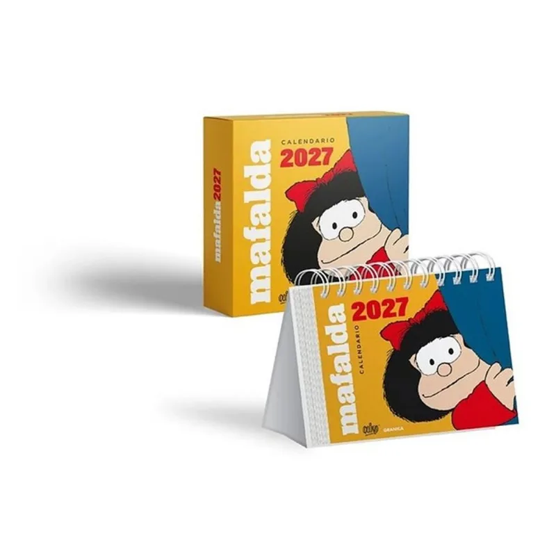 2027 CALENDÁRIO DE ESCRITÓRIO MAFALDA AMARELO COM CAIXA EM ESPANHOL