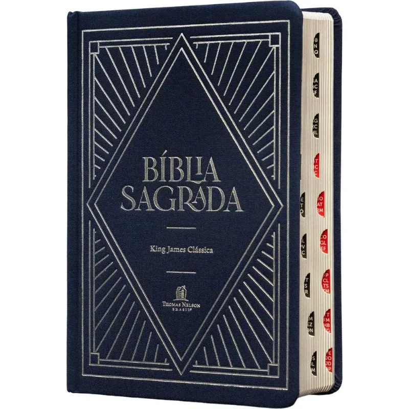 Bíblia Sagrada King James Clássica, Letra Grande, Tecido Sobre Capa Dura Marinho, Luzes