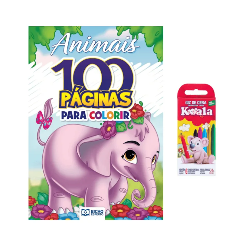 100 Paginas Para Colorir - Animais Caixa De Giz De Cera 6 Cores